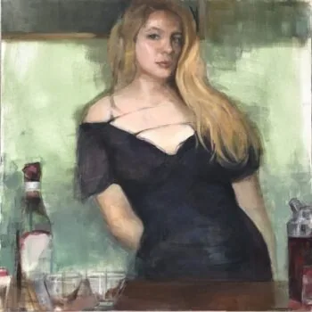 Tending Bar, Oil on Canvas, 18″x18″