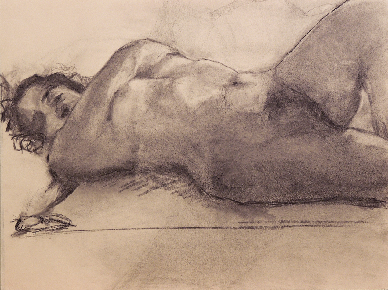 Resting With Glasses Charcoal Drawing